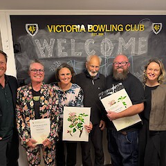 2026 Otago recipients from left: Alex Fergus (NZPCN President), Yvette Ridley, Sararose, Brown and Neill Simpson, Scott Jarvie and Jo Smith (NZPCN). Photo: Taylor Davies-Colley
