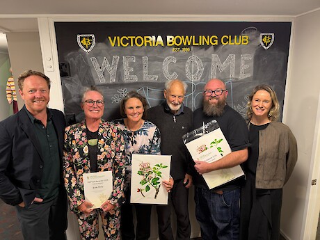 2026 Otago recipients from left: Alex Fergus (NZPCN President), Yvette Ridley, Sararose, Brown and Neill Simpson, Scott Jarvie and Jo Smith (NZPCN). Photo: Taylor Davies-Colley