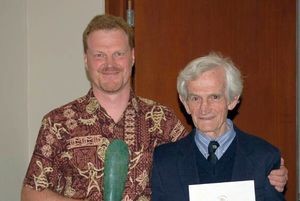 Brian Molloy and Peter de Lange on the occasion of Peter de Lange receiving the 2006 Allan Mere Award from the New Zealand Botanical Society at the Cheeseman Conferences, Auckland, November 2006. Photo: Peter Heenan