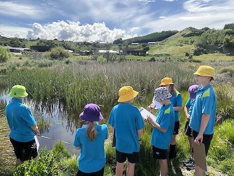 Shotover Primary School Enviro Leaders (Year 7 and 8) learning about how to monitor environmental health indicators at Shotover Wetland so they can teach other students. Photo: Shotover Primary School.
